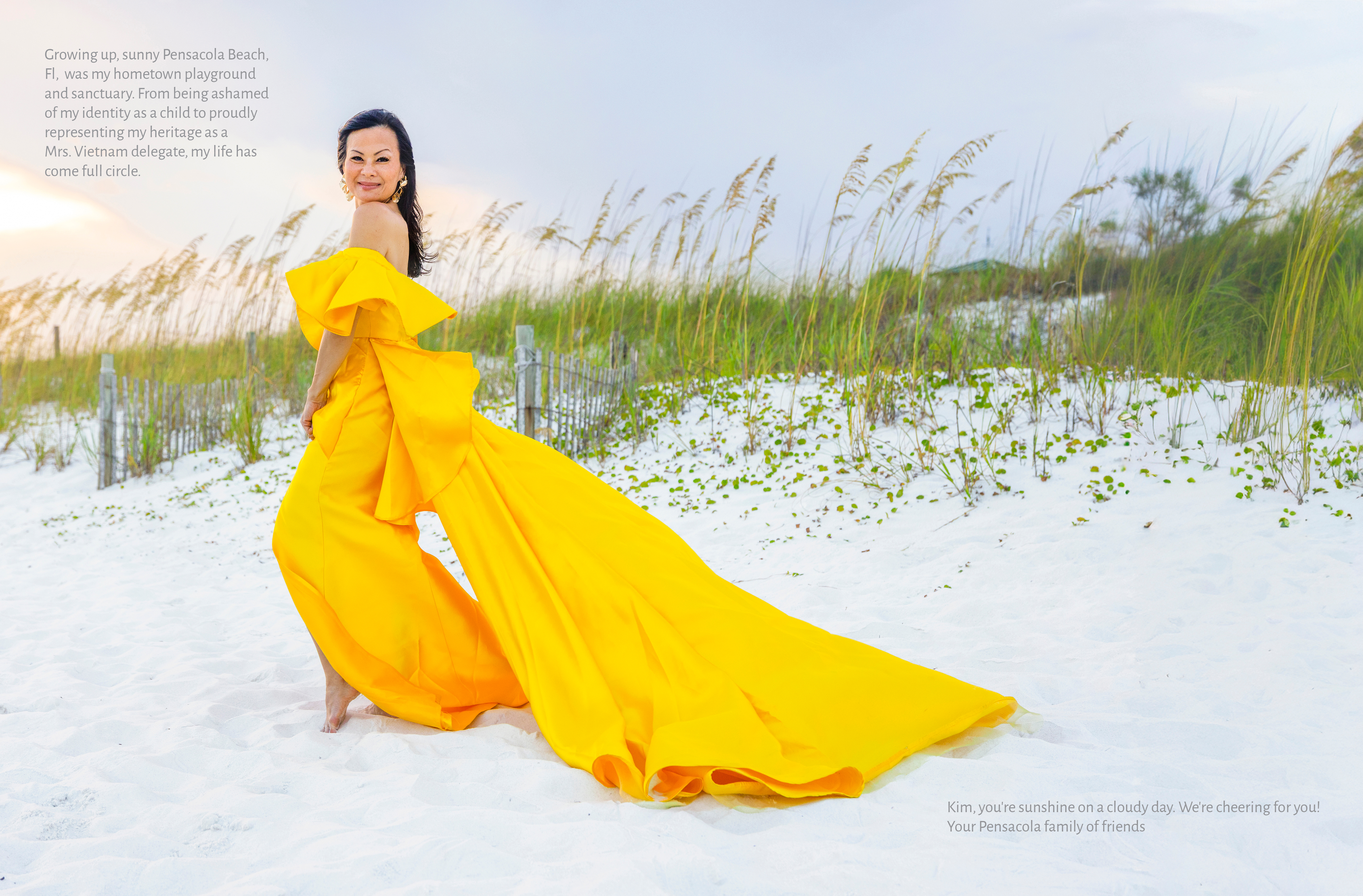 Kim Delevett in yellow couture gown at Pensacola Beach